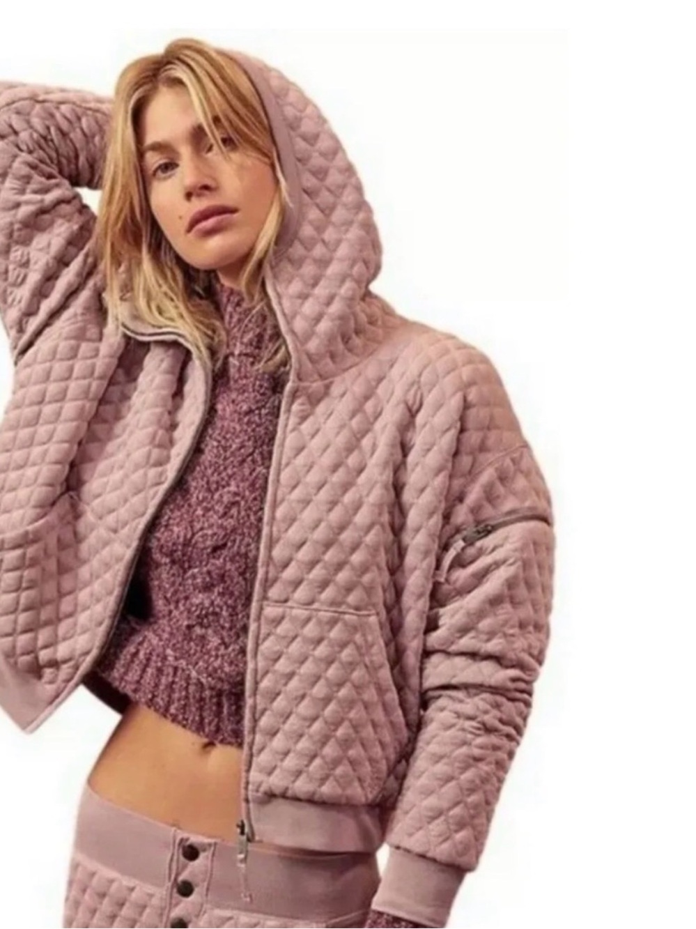 Free People Hibernation Quilted Hooded Bomber Jacket - Dusty Rose Pink